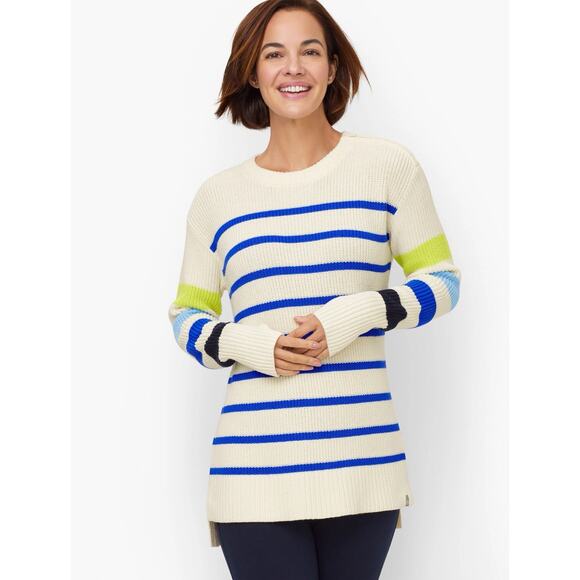 T By Talbots Womens Sweater Size MP Ivory Blue Green Stripes Thumb Hole Side Zip - Picture 13 of 13